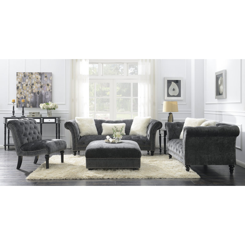 Canapé Chesterfield à accoudoirs roulés 90 po, Gris charbon