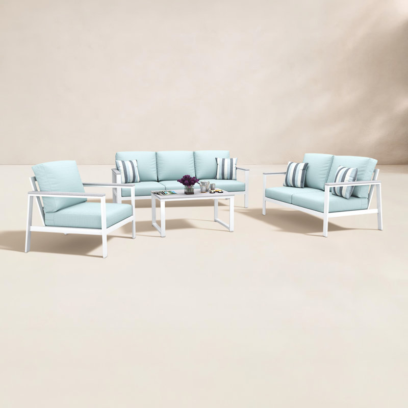 Ronquillo 4 Person Seating Group With Sunbrella Cushions, Bliss Dew, White