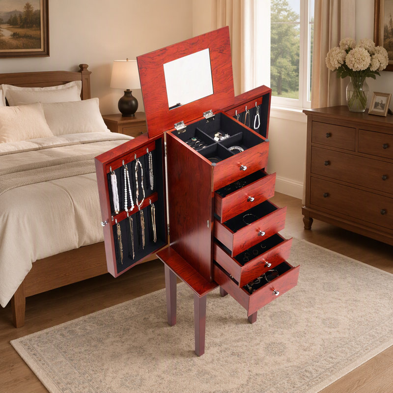Armoire à bijoux en bois sur pied avec miroir rabattable et tiroirs spacieux pour un rangement élégant
