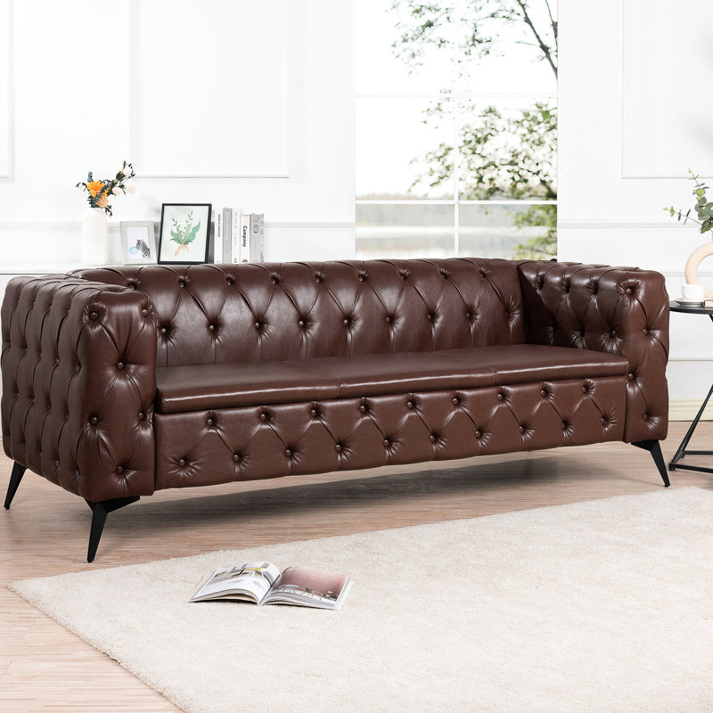 Traditionnel, largeur de 83,44 pouces, coussin amovible, accoudoirs carrés en fer à 3 places, coussins, unité centrale brun foncé, pieds, conception sophistiquée
