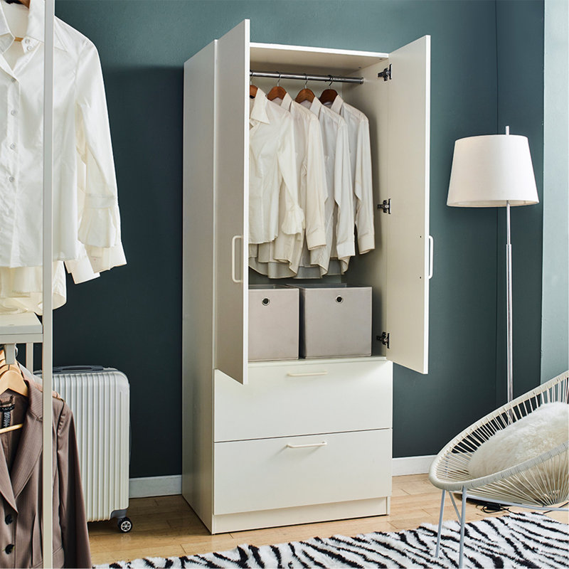 Armoire en bois à deux portes avec deux tiroirs et barres de suspension, Blanc