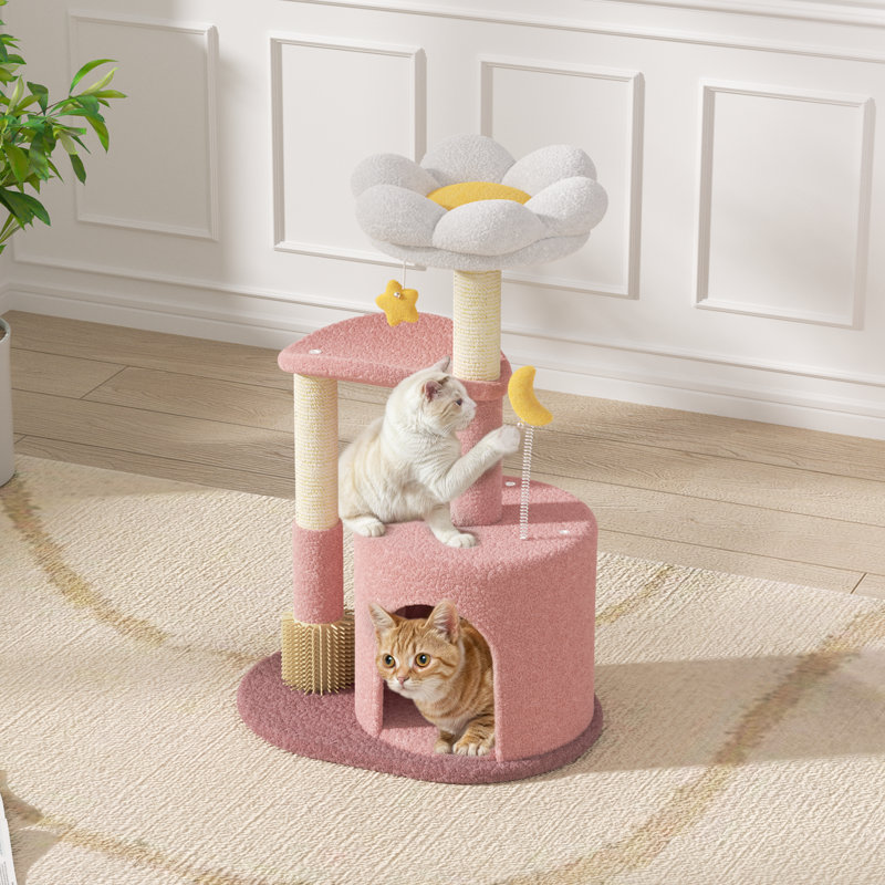 33"H Cat Tree with Platform Bed, Top Perch, Cat Cave, Scratching Post for Kittens, Pink