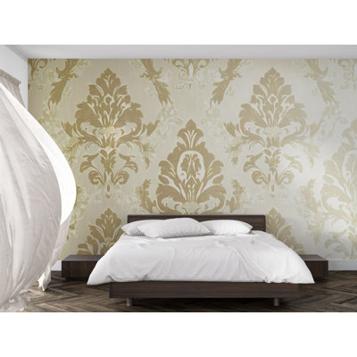 Papier peint damassé texturé crème et or - Élégante murale de style baroque - Papier peint neutre classique pour couloir, chambre à coucher, salon ou bureau