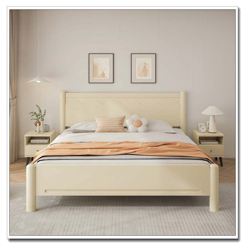 Lit plateforme très grand en bois massif avec tête de lit et 10 lattes, sans sommier, Très grand lit, Beige / Naturel
