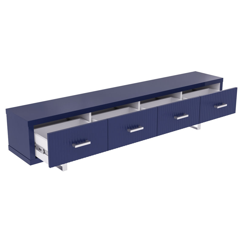 Modern High Gloss TV Stand – Slatted Drawer Fronts, Stainless Steel Legs & Handles, Blue