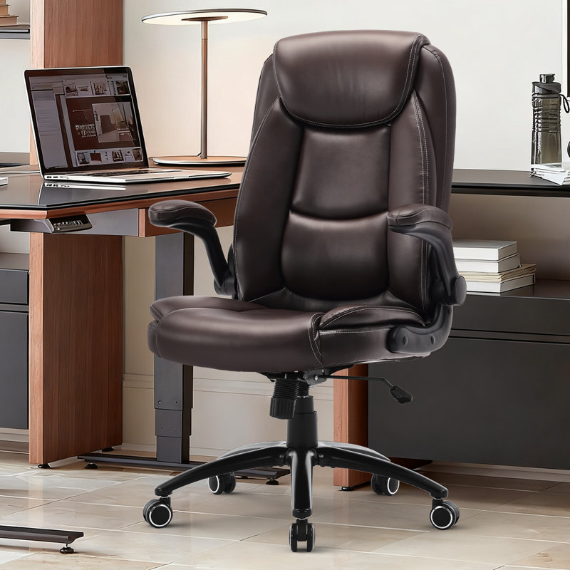 Ergonomic Executive Office Chair, Adjustable Height & Flip-up Armrests, Brown