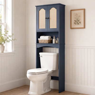 71" Tall Boho Over-the-toilet Storage Cabinet, Freestanding Bathroom Space Saver With Arched Rattan Doors & Adjustable Shelves, White