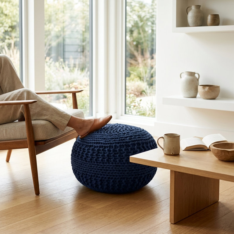 Verica Upholstered Pouf, Navy Cotton Blend