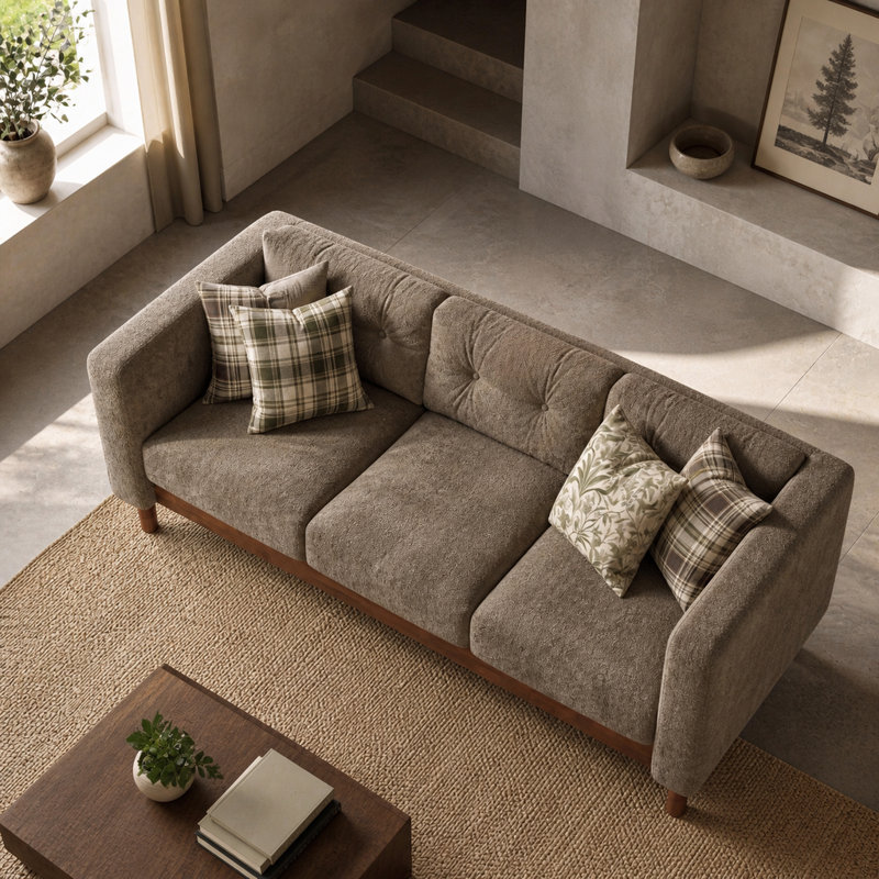 Canapé moderne 3 places de 199 cm (78,3 pouces), revêtement en chenille, accoudoirs carrés, dossier capitonné, pieds en bois d'hévéa, marron