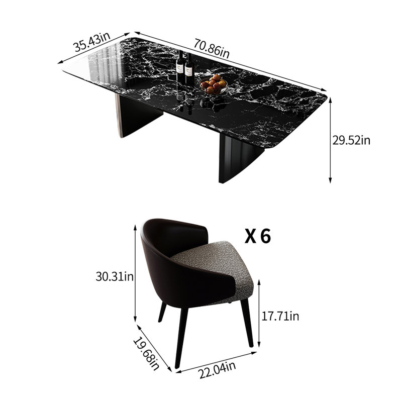 Modern luxury rectangular marble dining table set, 29.52"H x 70.86"L x 35.43"W