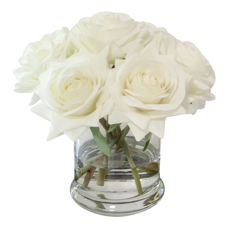 Real Touch Rose Arrangement In Glass Vase, White