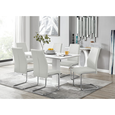 Edzard Double Pedestal High Gloss Dining Table Set with 6 Luxury Faux Leather Dining Chairs