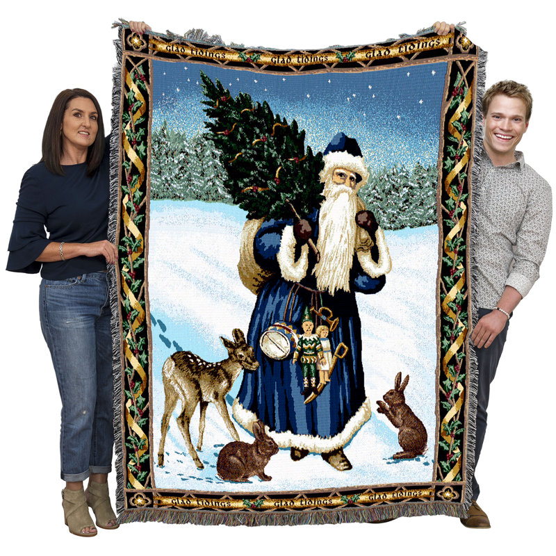 Pure Country Weavers Father Christmas Blanket Blue - Santa Claus Saint Nicholas Nick Kris Kringle Deer Rabbit - Gift Tapestry Throw Woven from Cotton - Made in the USA (72x54)
