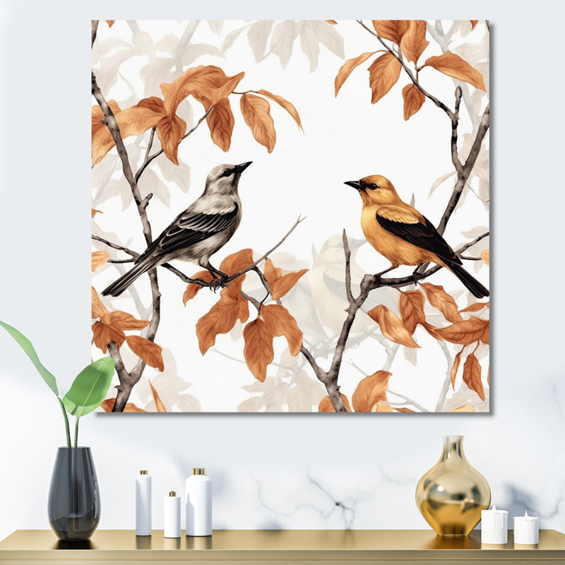«Brown Birds On Trees I», reproduction d'art sur toile, 36" H x 36" W, Toile tendue