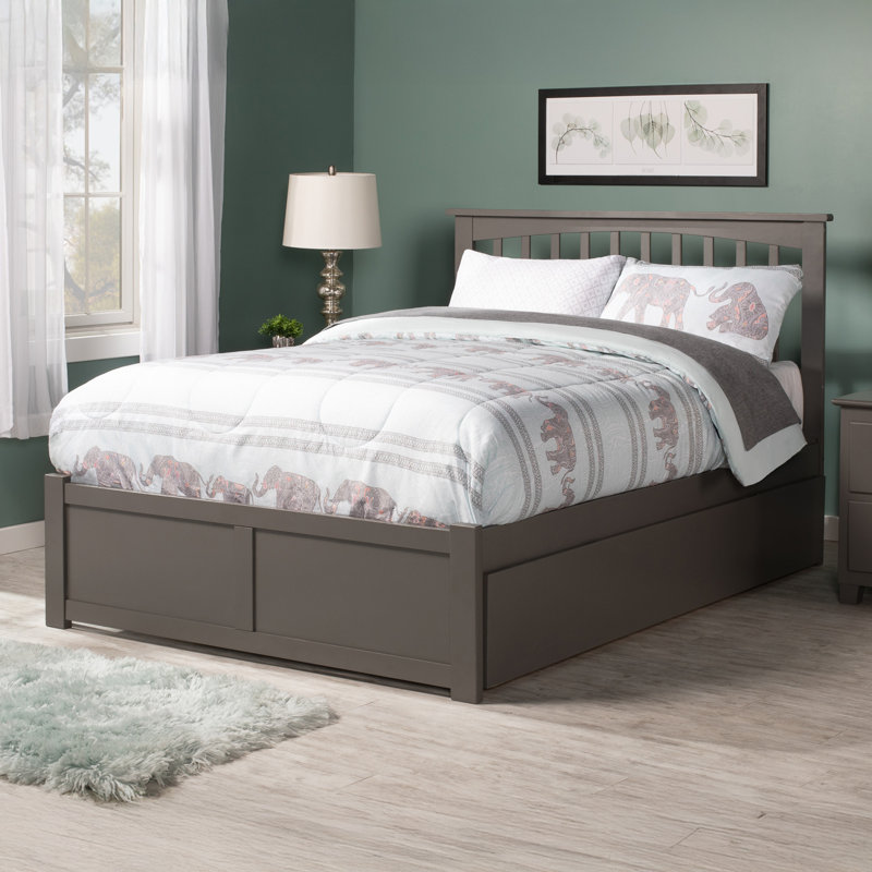 Aiston Solid Wood Platform Bed with Panel Footboard and Roll Out Trundle, Gray