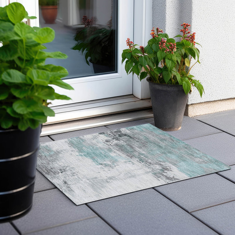 Machine Washable Indoor/Outdoor Cinead ACN1685 Teal Rug, Rectangle 1'8" x 2'6"