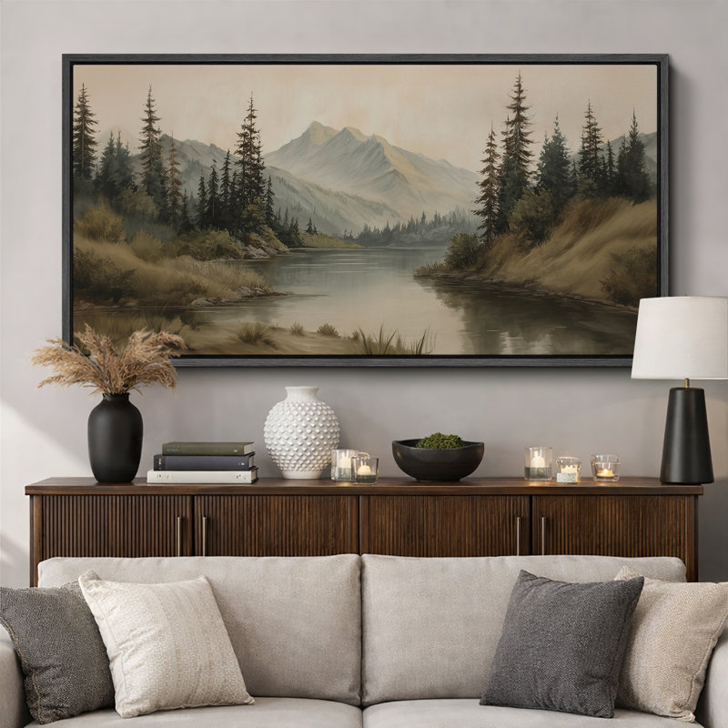 «Misty Mountain Lake with Pine Forest», reproduction d'art sur toile encadrée très grande, Cadre flottant noir