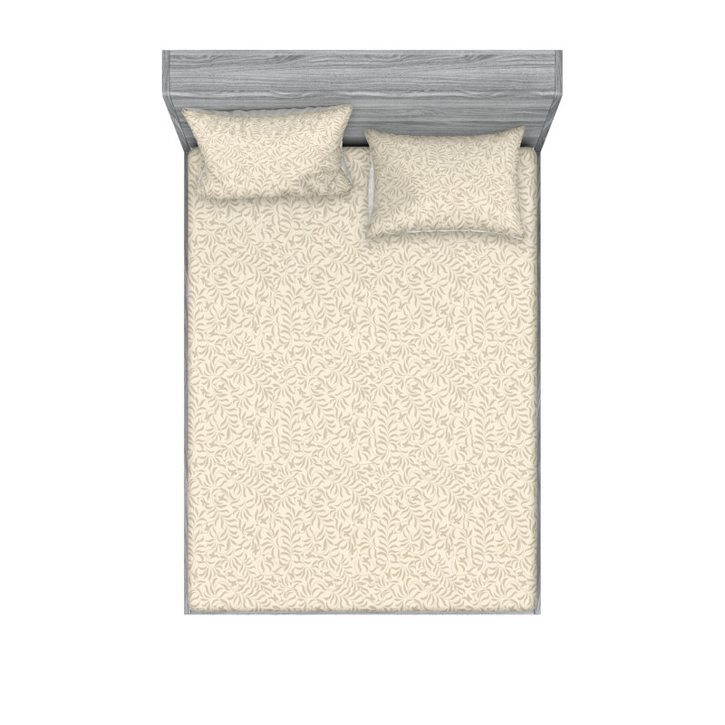 Ambesonne Fitted Sheet & Shams, Cream/Pale Sepia Flower, King Sheet Set with 2 Pillowcases