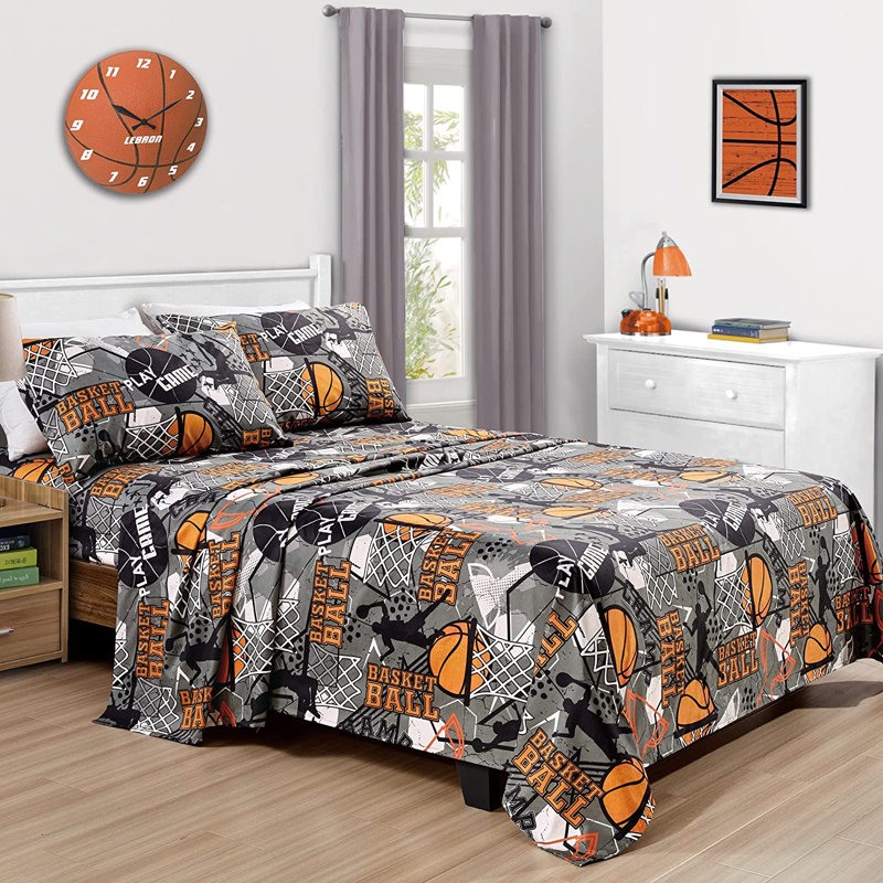 Fun Kids Teens Microfiber Sheet Set, Gray Basketball Sports, Twin Sheet Set with 1 Pillowcase