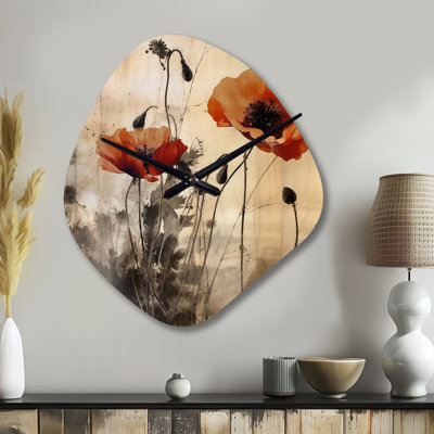 Vintage Beige Poppies II - Floral Asymmetrical Metal Wall Clock, Brown Unique Shape Metal Clock Print
