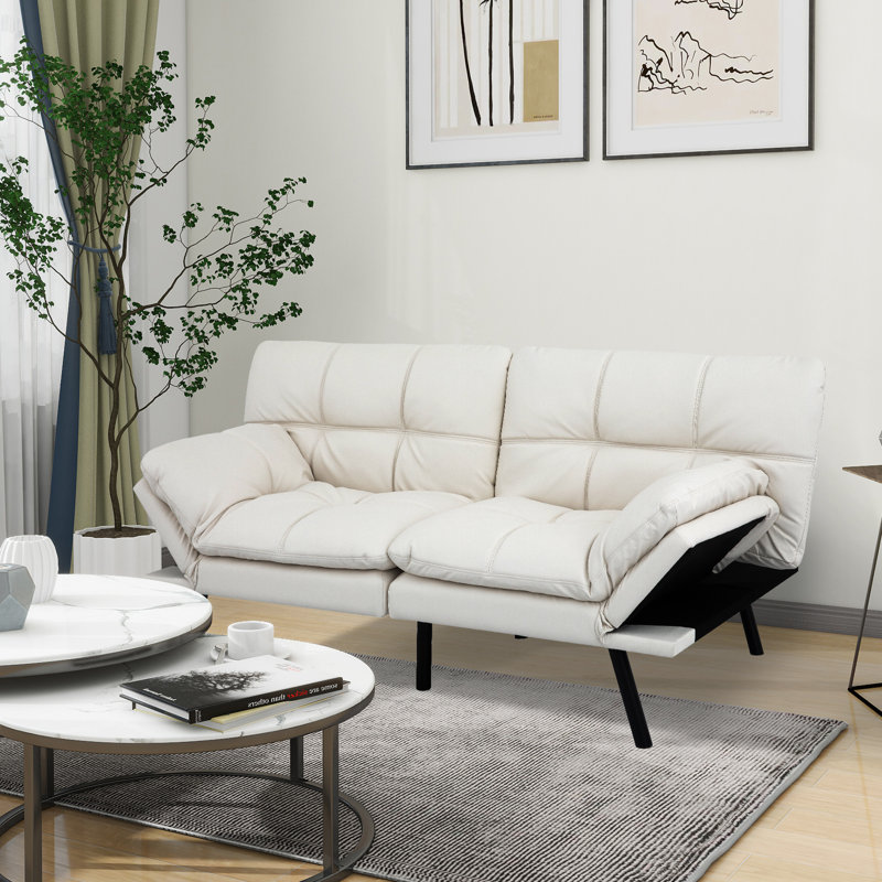 71'' Convertible Sleeper Sofa Bed, Upholstered Futon Sofa Twin Size, White Faux Leather