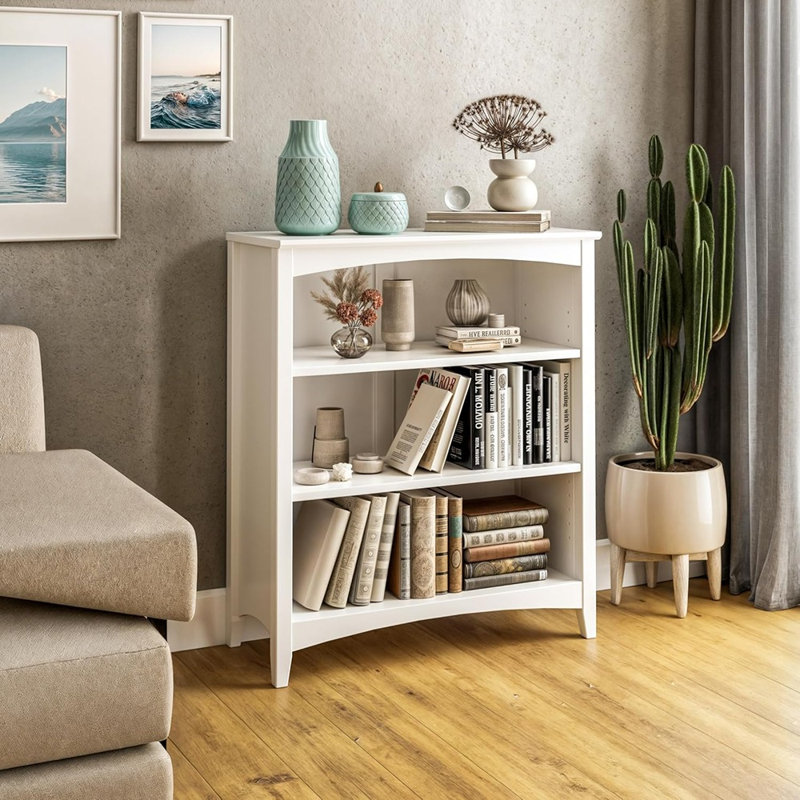 Bibliothèque blanche à 3 tablettes, tablettes réglables, hauteur 36 po, matériau en bois massif, style maison et bureau moderne