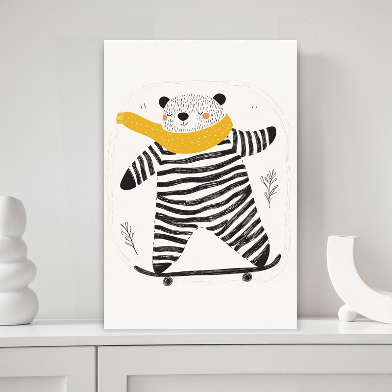 Playful Bear Skateboarding Playful Whimsical Contemporary Bear Wall Art Print 1 Piece Wrapped Canvas Wall Art