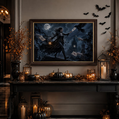 Femme gothique avec lanterne et corbeau au clair de lune, tableau sur toile pour l'Halloween