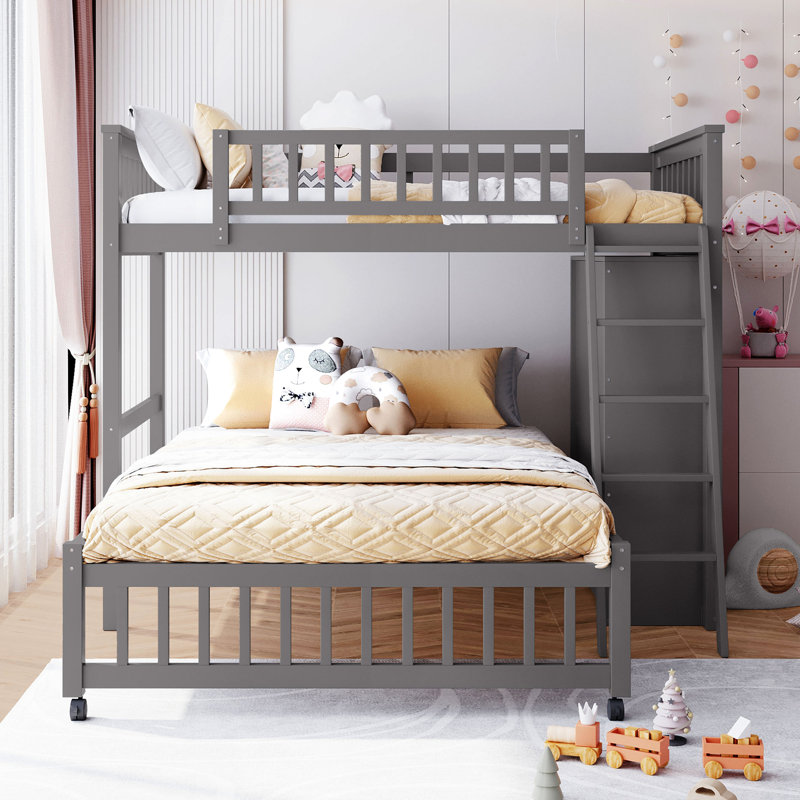 Lit simple au-dessus d'un lit double en bois avec 6 tiroirs, tablettes mobiles et 6 tablettes modifiables avec ensemble, Gris