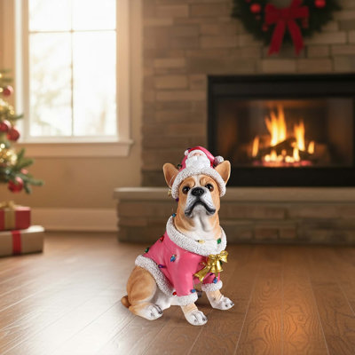 Statue de bouledogue français de Noël en tenue de père Noël (pile incluse)