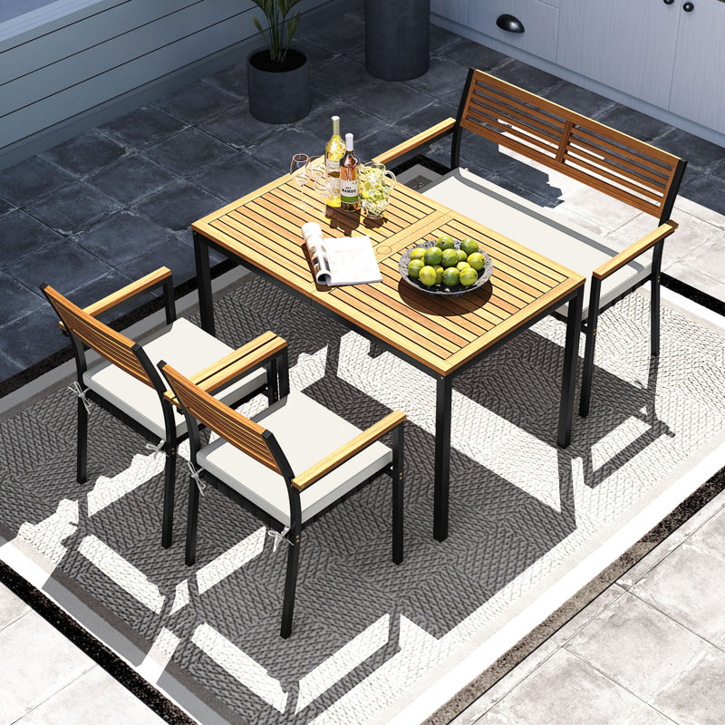 4 PCS Patio Furniture Set with Acacia Wood Frame Umbrella 1 table