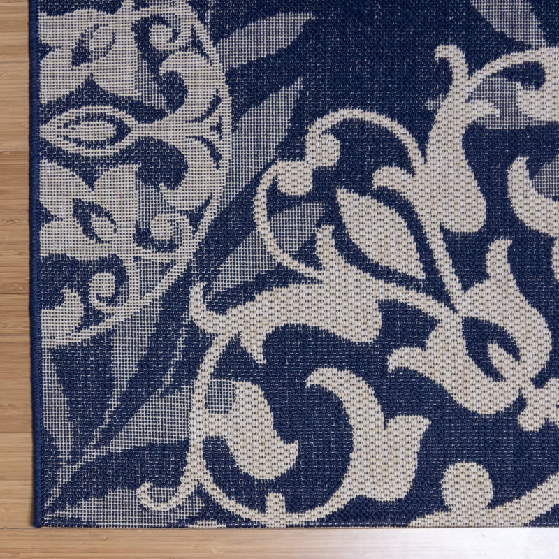 Solterra Sovana Navy Blue Beige Cream Transitional Tile Medallion Flatweave Polypropylene Indoor/ Outdoor Area Rug