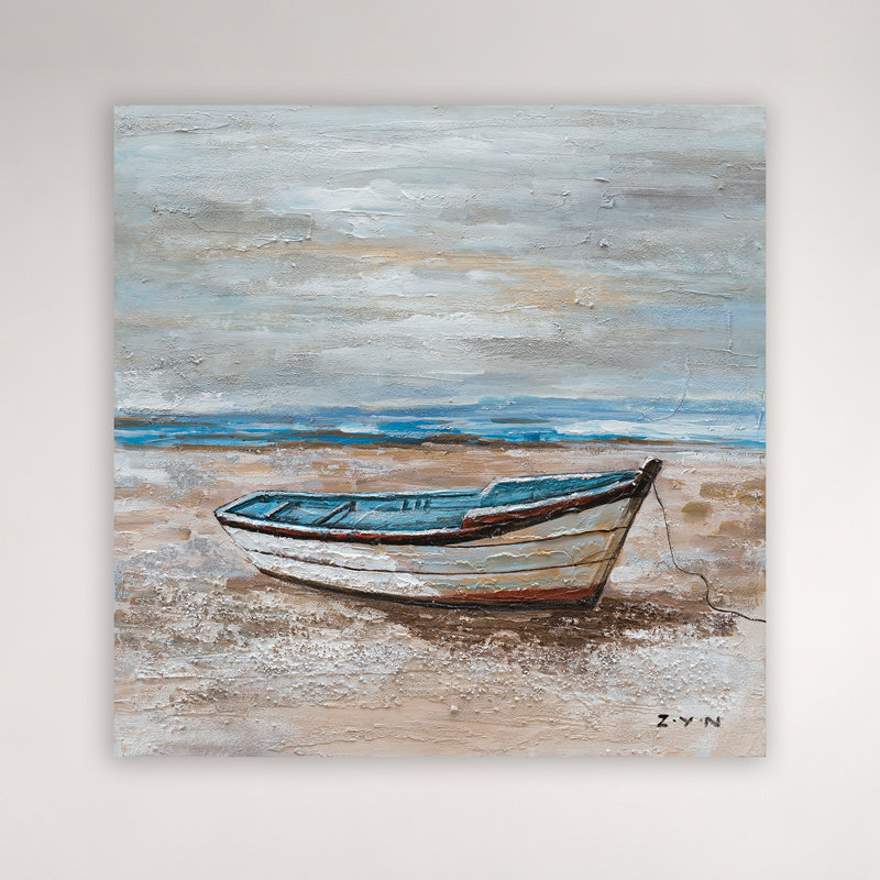 Le bateau sur la plage - peinture sur toile tendue, H 40 po x l 40 po x P 1,5 po