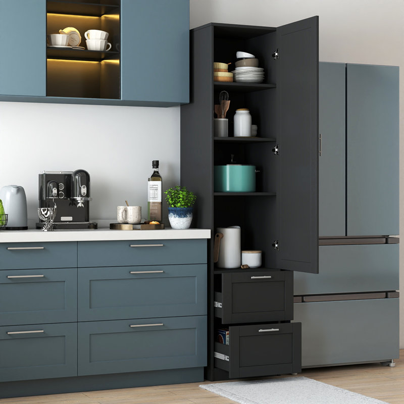 Garde-manger standard, armoire haute, armoire autoportante avec une porte et deux tiroirs pour la cuisine et la salle à manger