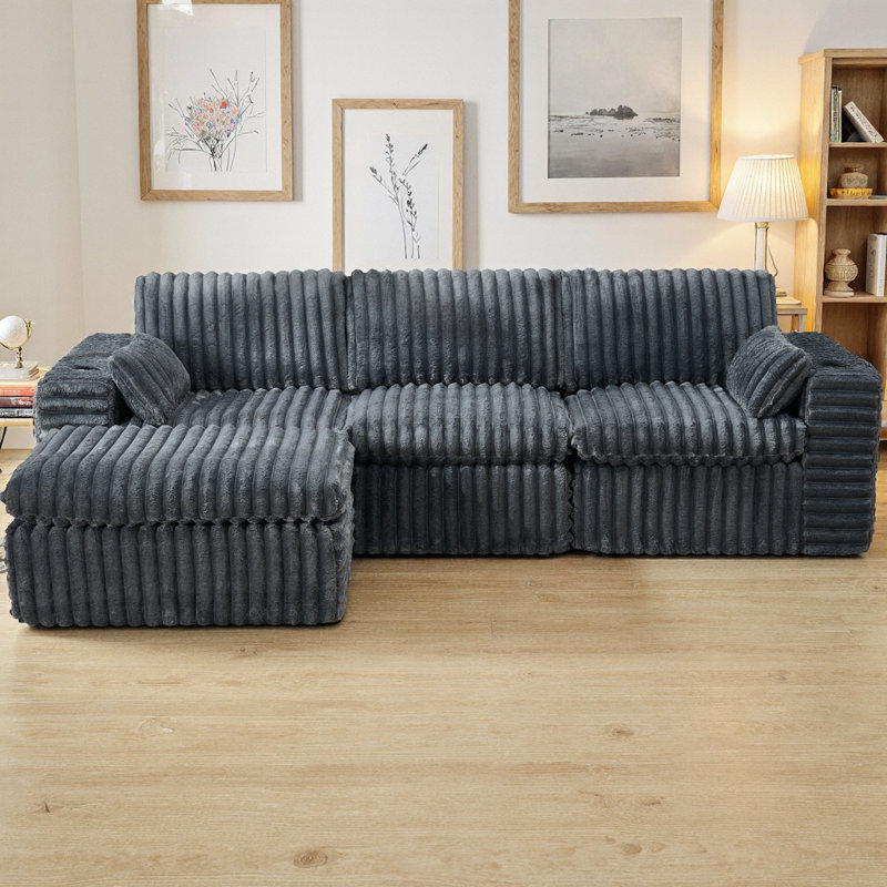 Canapé modulaire rembourré en chenille nervuré avec repose-pieds, canapé compressé 3 places à profil bas, mousse haute densité, aucun assemblage requis pour les petits espaces, salon