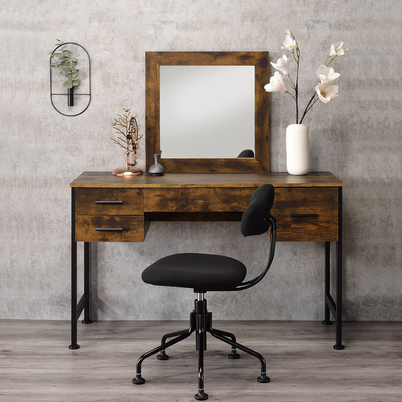 Rustic Oak & Black Finish Vanity Desk & Mirror