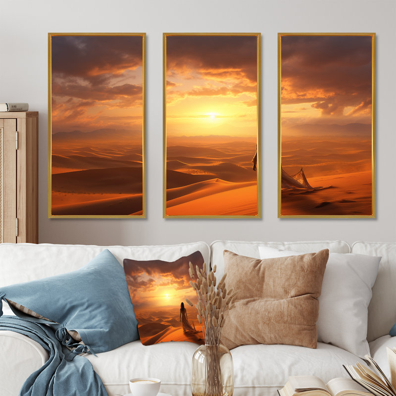 Solitiude désert coucher de soleil I - ensemble d'art mural sur toile désert, Cadre flottant doré, H 28 po x l 36 po x P 1 po