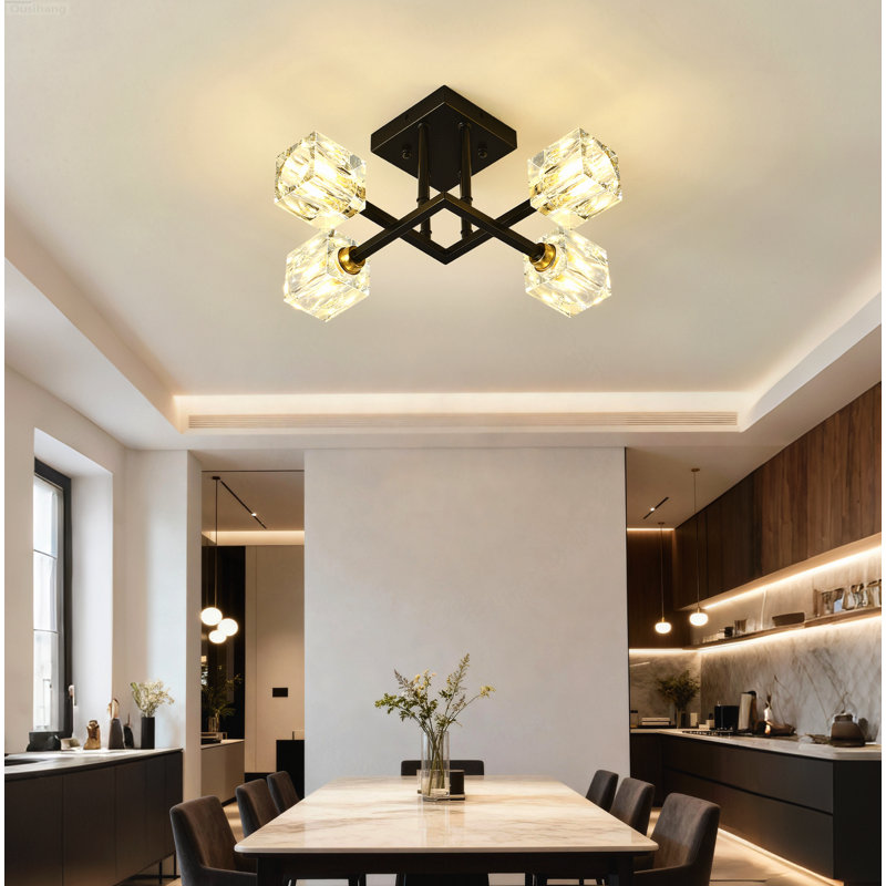 Lustre encastré 4 lumières à abat-jour géométrique moderne en cristal à motif géométrique noir mat