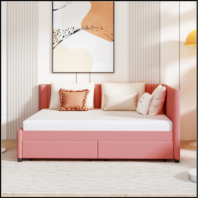Lit de jour rembourré avec 2 tiroirs de rangement spacieux, tissu en lin durable et structure robuste pour une vie moderne