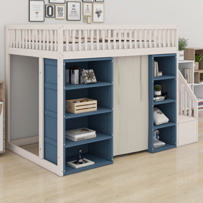 Loft Bed With 2 Four-Layer Storage Cabinets And Curtain