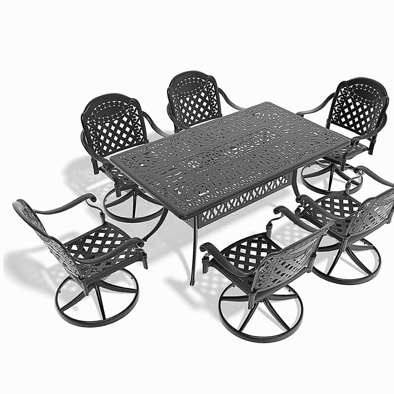 Ensemble de salle à manger 7 pièces en fonte d'aluminium toutes saisons, comprenant 6 chaises pivotantes et une table rectangulaire avec cadre noir (même SKU: W1710S00454)