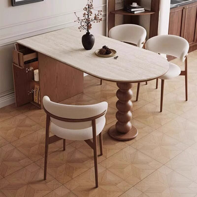 Beige-blanc + brun demi-cercle fritté pierre + solide + table de salle à manger en bois manufacturé