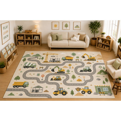Tapis de jeu « ultra-léger » de 200 cm x 300 cm, motif de camions de chantier, idéal pour la chambre d'enfant, la salle de classe, la chambre à coucher ou la salle de jeux. Tapis d'intérieur doux à poils courts avec envers antidérapant en silicone, beige et gris.
