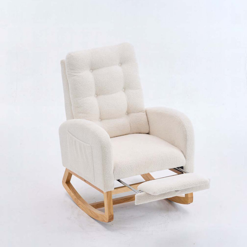 Chaise berçante en peluche à haut dossier avec repose-pieds | Méridienne en bois d'hévéa pour salon, l 38,4 po x P 26,8 po x H 39,8 po