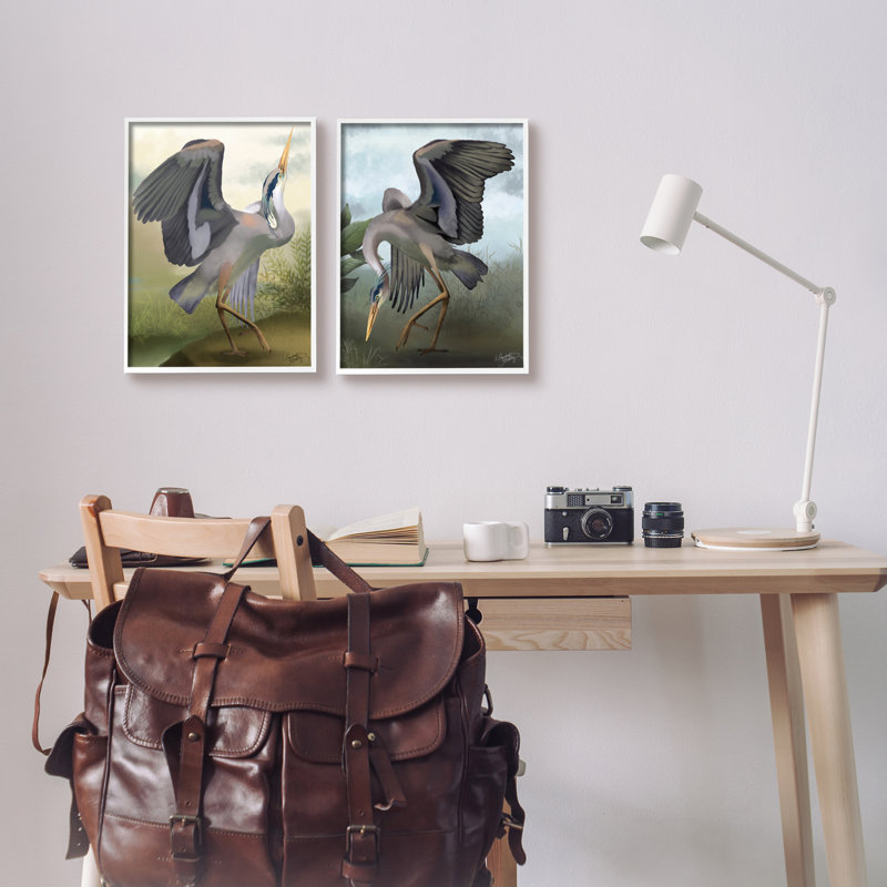 Crane Dance Landscape, impression sur bois encadrée 2 pièces, Estampe numérique encadrée blanc bord de mer