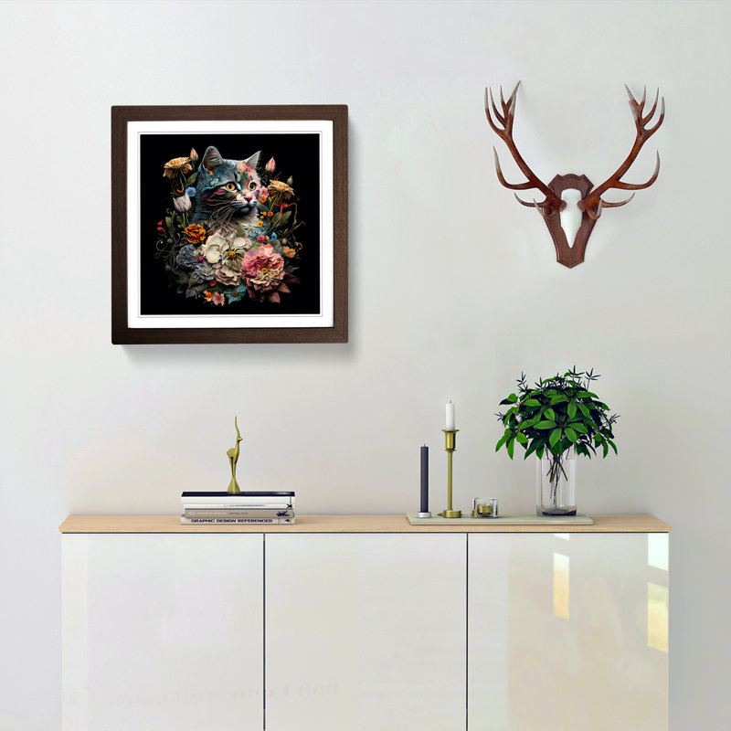 Cat Floral Art No.1 - Single Picture Frame Print on Wood, Walnut