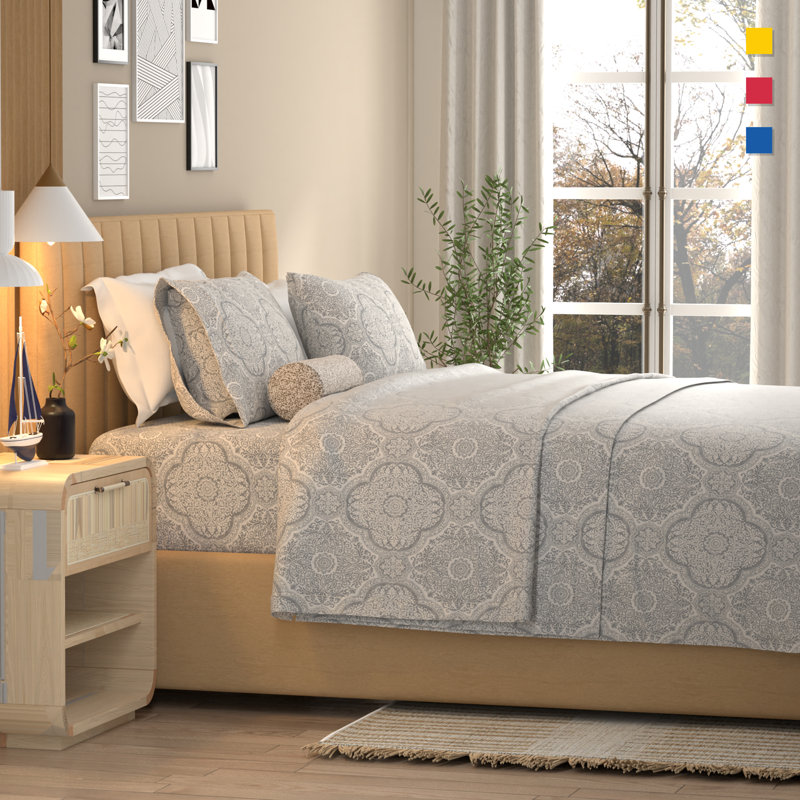 100% Cotton Lightweight Percale Weave Sheet Set, Queen Sheet Set with 2 Pillowcases, Textured Medallion Gray Abstract