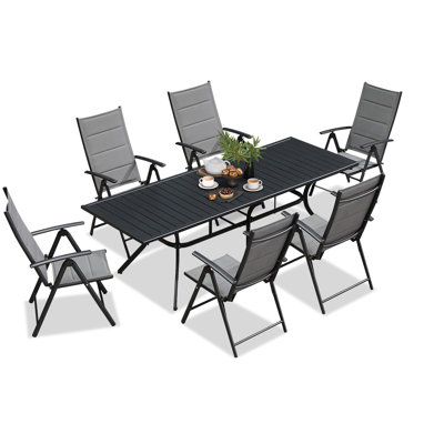 Ensemble de salle à manger 7 pièces pour 6 personnes avec chaises pliantes et grande table de salle à manger rectangulaire en aluminium pour terrasse