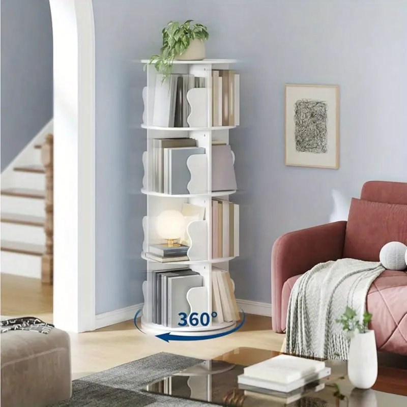 4 Tier Rotating Bookshelf Tower, Spinning Corner Bookshelf For Small Spaces, Revolving 360° Bookcase Storage Rack Tower, Vertical Rotate Turning Spiral Wood Book Shelf Organizer