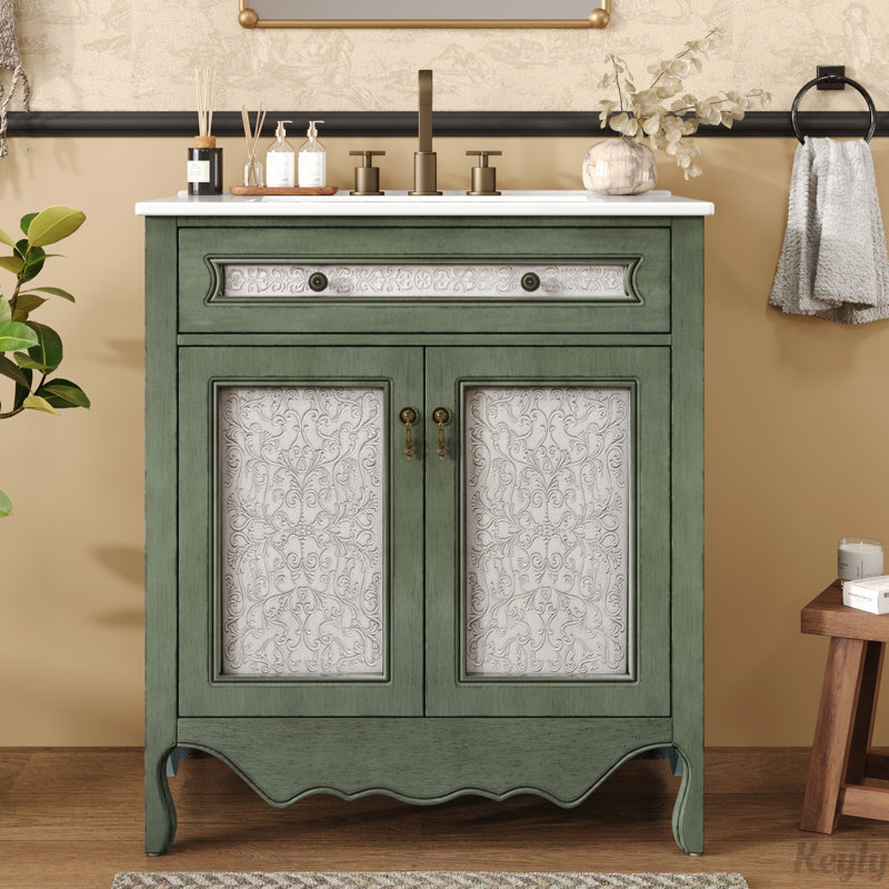 30" Antique Pattern Bathroom Vanity with Rectangle Ceramic Sink